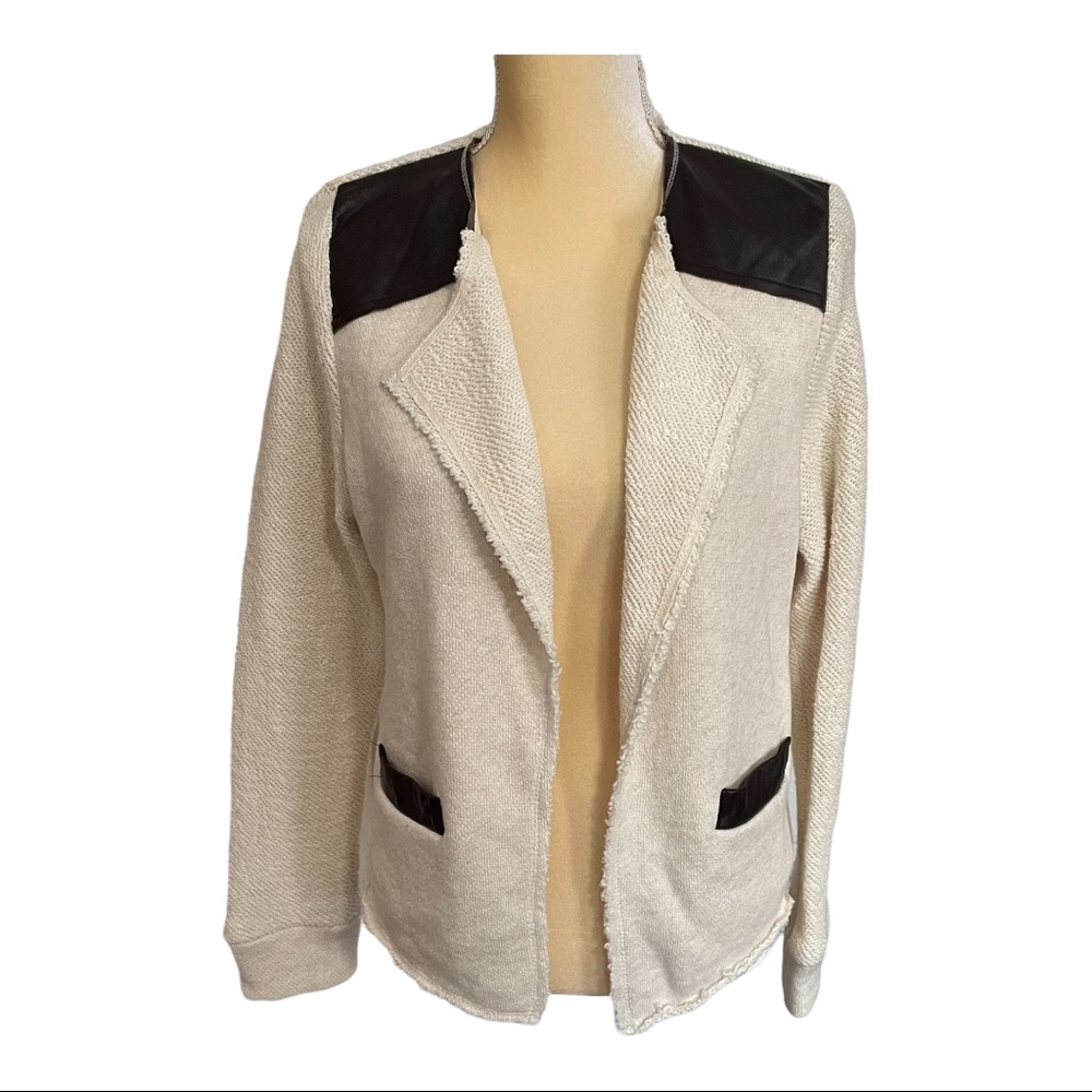 Drew by Anthropologie Cream Open Front Leather Trim Cardigan‎ Jacket Size M